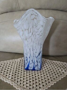 Hand Blown Glass Vase 10” Clear, Blue & White Square, Ruffled Crystal Vase